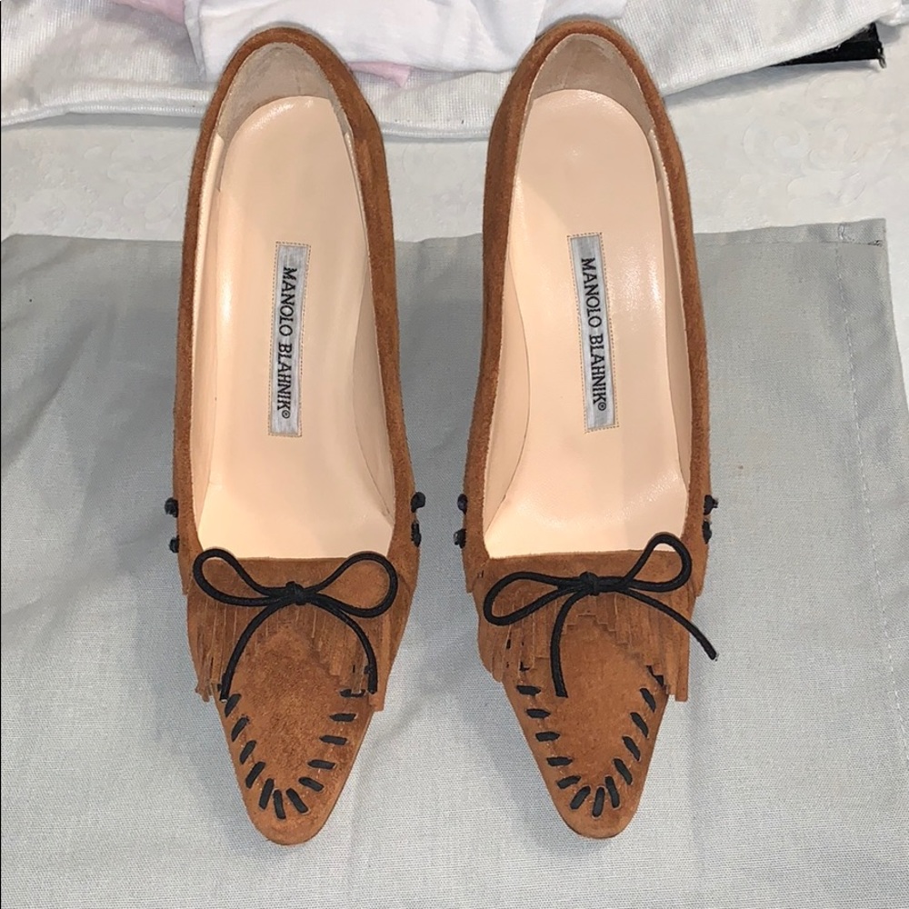 Manolo Blahnik suede fringe with bow heels